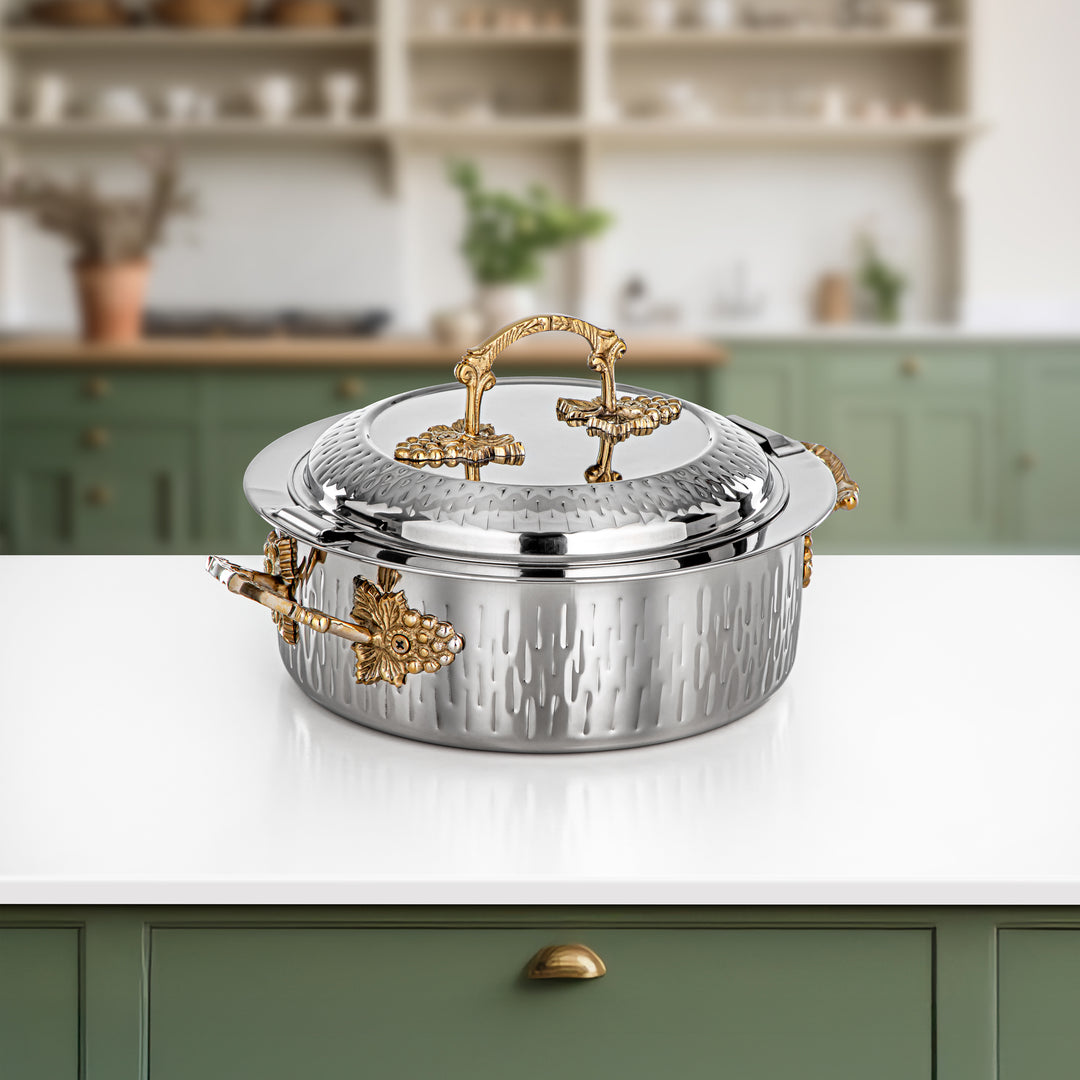 Almarjan Hot Pot Stainless Steel, Silver & Gold, Brass Handle 25CM (H25MG00) - Areej Collection, Ramadan & Eid