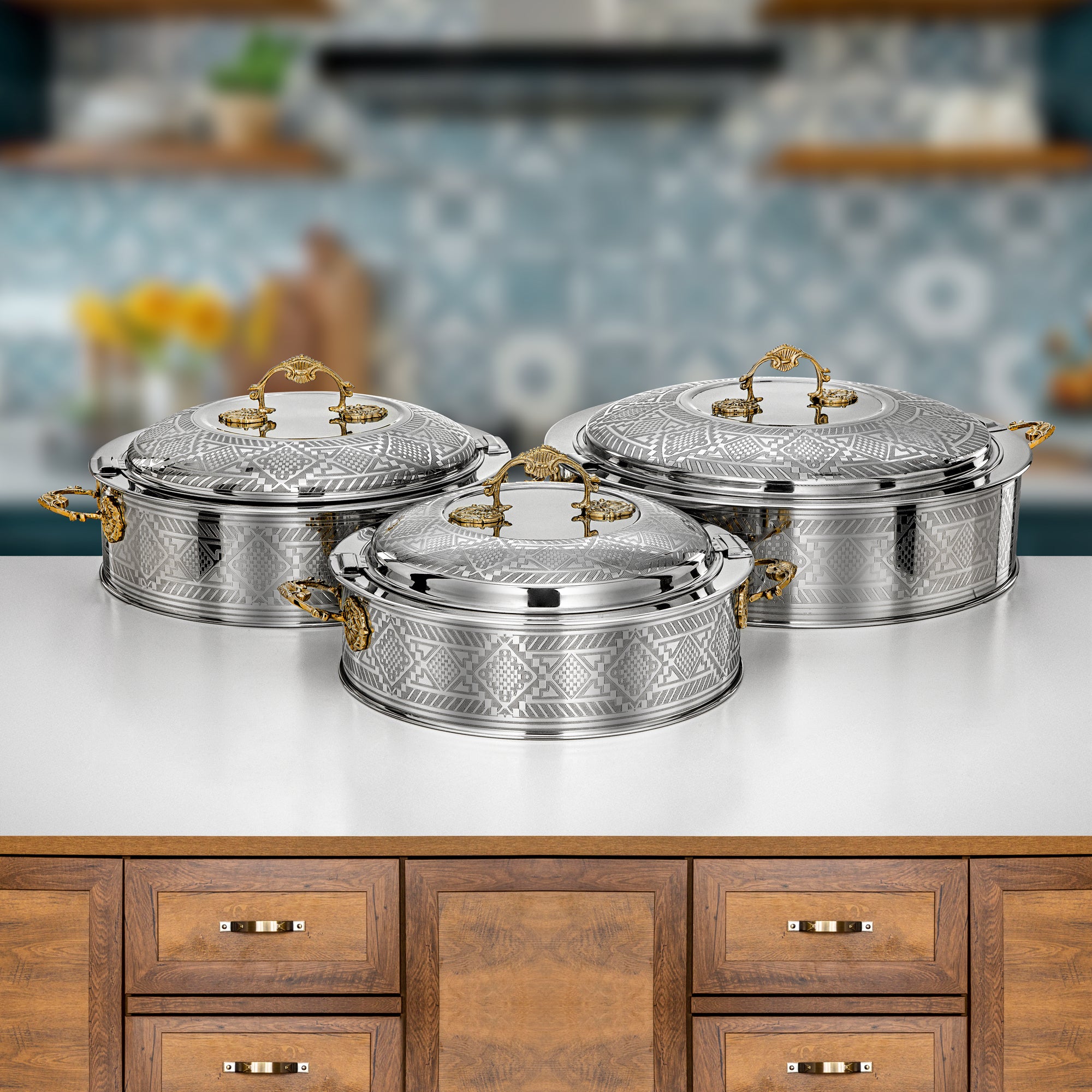 Almarjan Hot Pot Set 3 Pieces Silver & Gold - Areej Collection