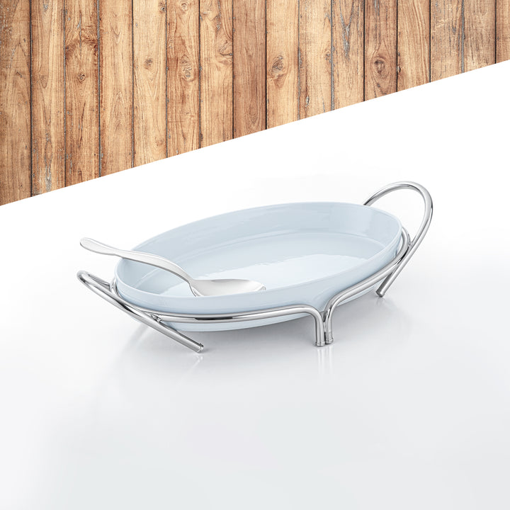 Almarjan Mirror Finish Oval Serving Tray with Porcelain Bowl - 45CM, Made in Italy