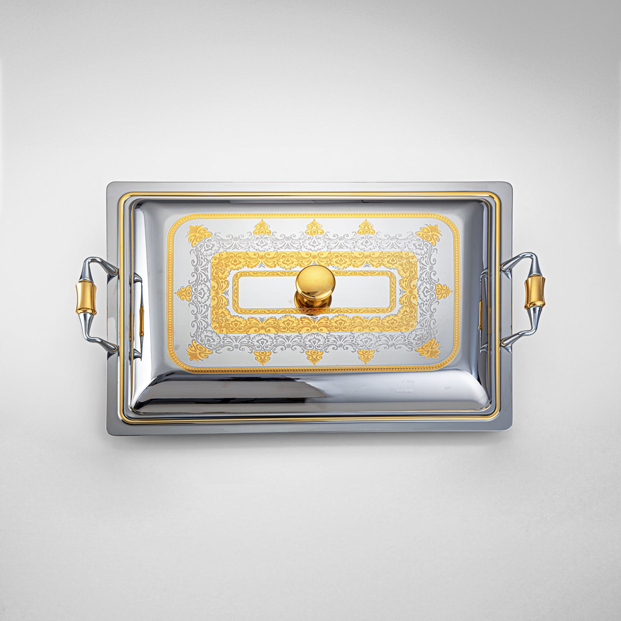 Almarjan 45 CM Teresa Collection Stainless Steel Rectangle Serving Tray With Cover Silver & Gold - STS2051221