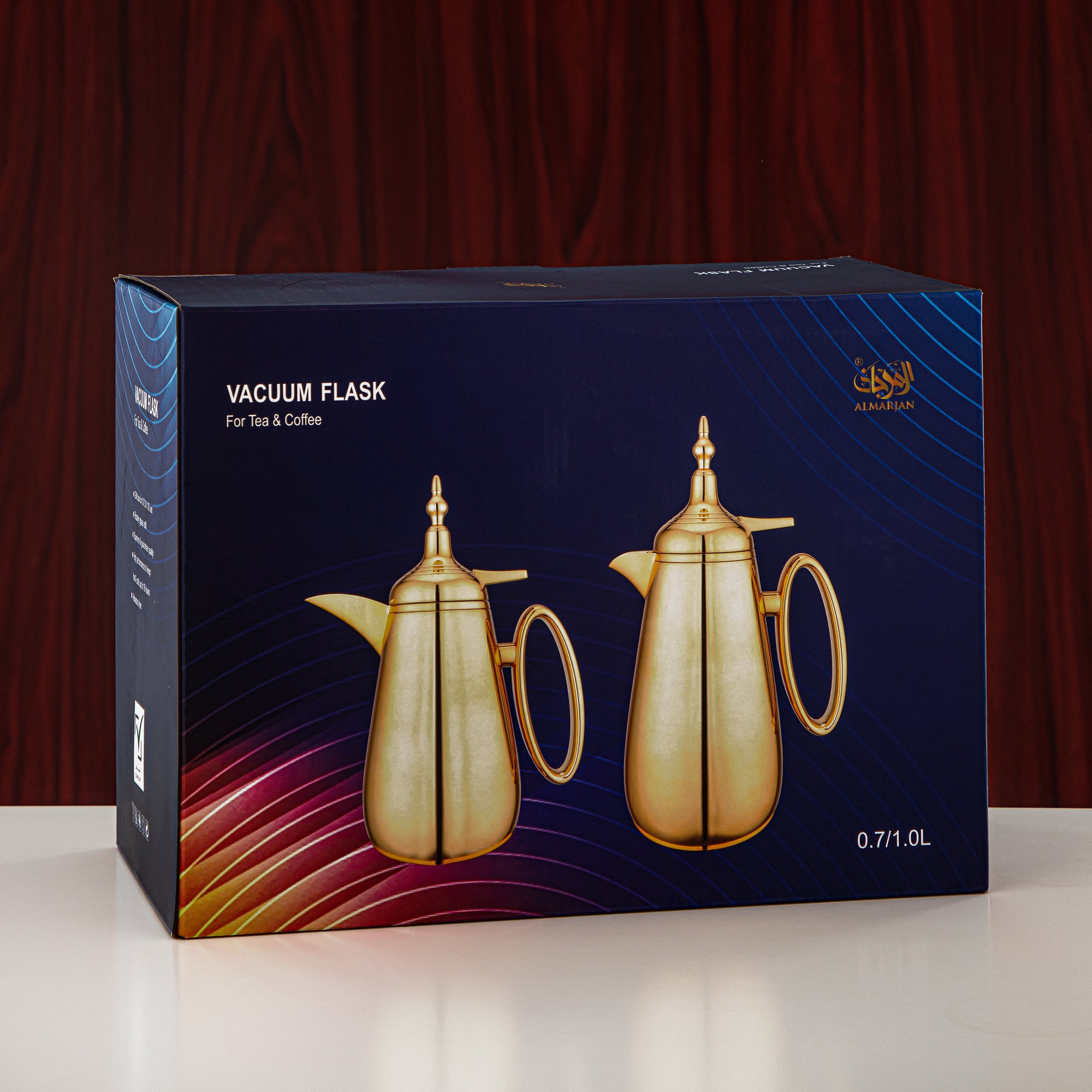 Almarjan Vacuum Flask Set Push Button ABS Matt Silver & Matt Gold 0.7L + 1L (UOP-A0700/B1000E23E22) - Classic Vacuum Flask