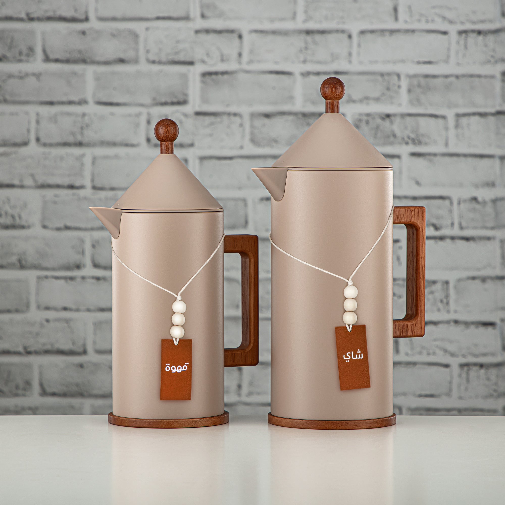 Almarjan Vacuum Flask Set Beige & Wood 2-Piece with Arabic Coffee & Tea Tags (VAF2950003 + TRHG-15) – Elegant Serving | Modern Twist to Tradition